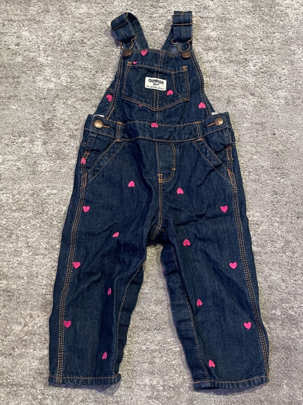 OshKosh B'gosh Dark Blue Denim Overalls with Pink Heart Prints